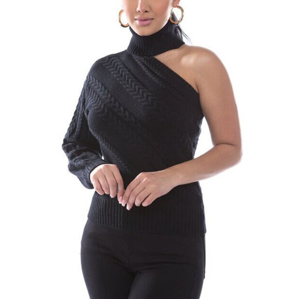 Black One Shoulder Cable Knit Sweater
